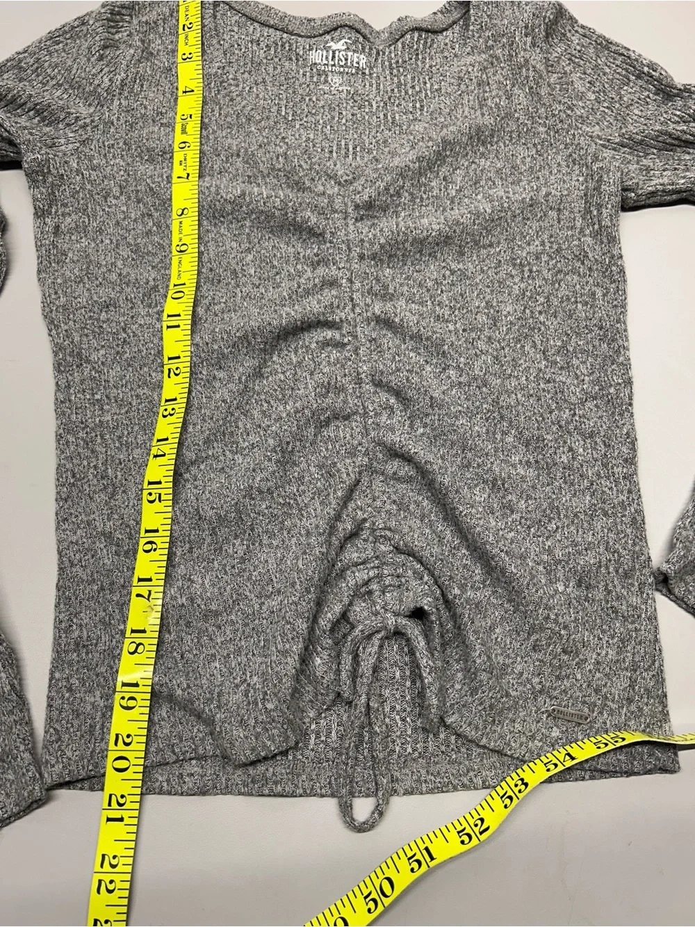 Hollister Heather Gray Ribbed Long Sleeve Top with Front Drawstring